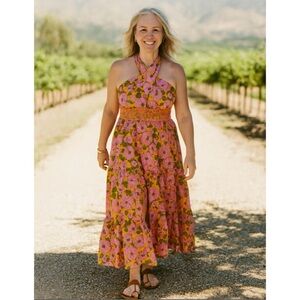 Flora Bea Frasier Floral Maxi Dress XL Orange Pink Long Halter Tiered Sundress